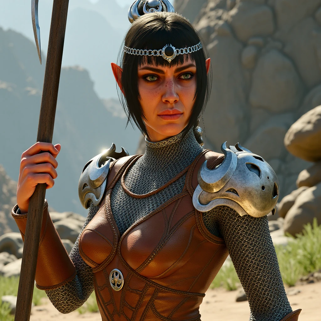 Upper half-body shot of a female character with short, dark hair in a loose braid, wearing a silver circlet with a black jewel and crescent moon design on her forehead. Her expression is intense and focused, with her green eyes locked in a determined gaze. She holds a staff in one hand, raised defensively, as though ready to cast a spell. Her leather armor, with intricate vine-like patterns and silver accents, glints in the light, showing fine craftsmanship. Her chainmail sleeves and shoulder pauldrons add a rugged, protective look, perfect for a skilled warrior-mage in the midst of battle. The background is a rocky, sunlit battlefield with hints of greenery.