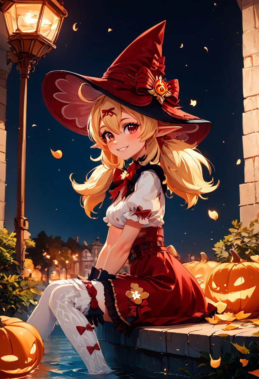 score_9, score_8_up, score_8, medium breasts, (curvy), cute, eyelashes,       
,,,
zzKlee, hair between eyes, red eyes, ahoge, blonde hair, long hair, low twintails, pointy ears, twintails, witch hat, bow, gloves, short sleeves, black gloves, alternate costume, sidelocks, hat bow, 
,,,
BREAK, zzEiffelTower in background, sitting, watercraft, boat, sitting on wall, side view, looking at viewer, smile, 
,,,
BREAK, 
night, glowing, pumpkins, blooming stars, luminescent petals, otherworldly fragrance blurry background, 
,,,
zPDXL, Expressiveh,