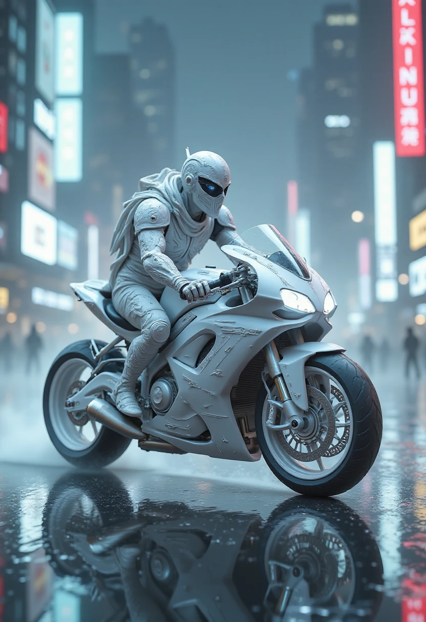 alabaster, A sleek motorcycle with alabaster plating gliding through a futuristic city at night. The rider is a shadowy figure with glowing cybernetic implants, cutting through neon rain. The alabaster surface of the bike stands out, its smooth, polished texture reflecting the vibrant lights of the urban sprawl. The style evokes a high-tech, fast-paced world with a mix of gritty realism and sleek design.