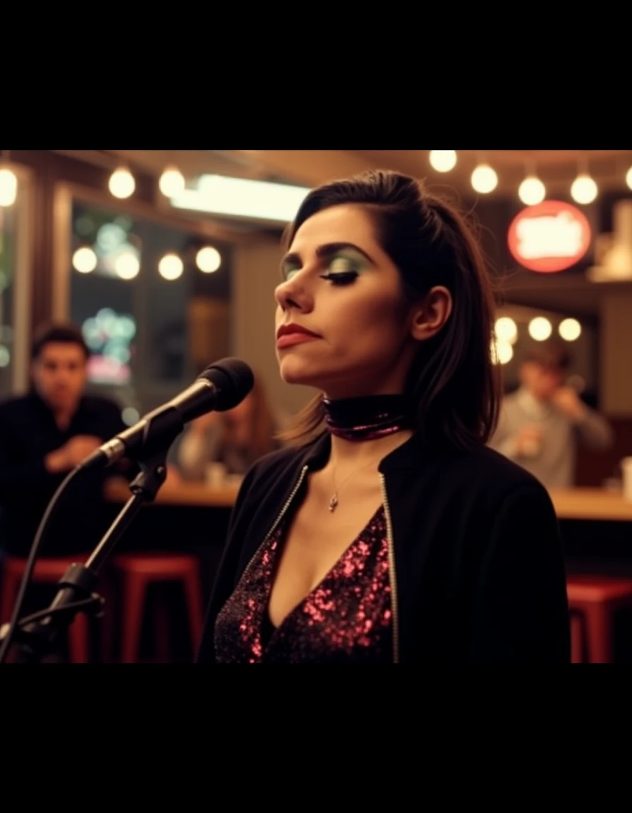 cinematic, cinematic lighting,.ultra realistic, ultra defined textures and colors, shot in the style of Sony Alpha A7 III, a candid of a woman,  looking at viewer <lora:pjharvey:1> pharvey, pjhy, pjharv,  looking at the viewer,  a beautiful woman in a Cozy Coffee House, warm ambient lighting sets the stage for a casual-chic look with a glam jacket and a fancy silk high neck shirt. Extreme face makeup,  expressing dramatic emotions, The rustic ambiance of the small indie coffee shop, complemented by her messy bun and natural makeup, creates an intimate, cozy atmosphere as she sings into the microphone. A 50mm lens captures the warm earth tones like browns, creams, and muted oranges, with distinctive features such as string lights and steaming coffee mugs., detailed skin texture, (blush:0.5), (goosebumps:0.5), subsurface scattering, Photorealistic, Hyperrealistic, Hyperdetailed, analog style, soft lighting, subsurface scattering, realistic, heavy shadow, masterpiece, best quality, ultra realistic, 8k, golden ratio, Intricate, High Detail, film photography, soft focus