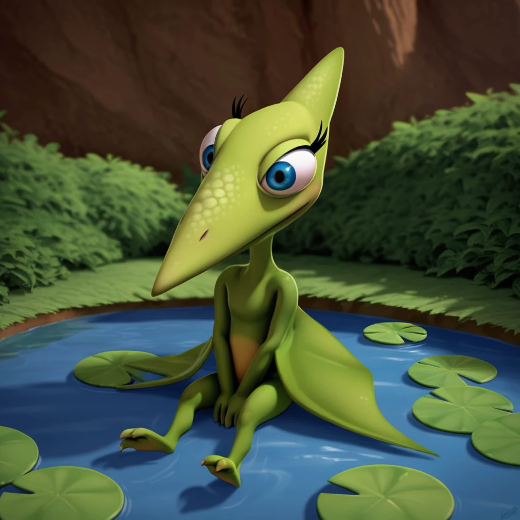 score_9, score_8_up, score_7_up, score_6_up, score_5_up, score_4_up, source_furry,dttiny, feral, female, Pterandon, membranous wings, winged arms, green skin, blue eyes, sitting, arms between legs, by a pond, <lora:b0a31024-269d-4182-b1e4-dd62ff7b1f46:0.7>