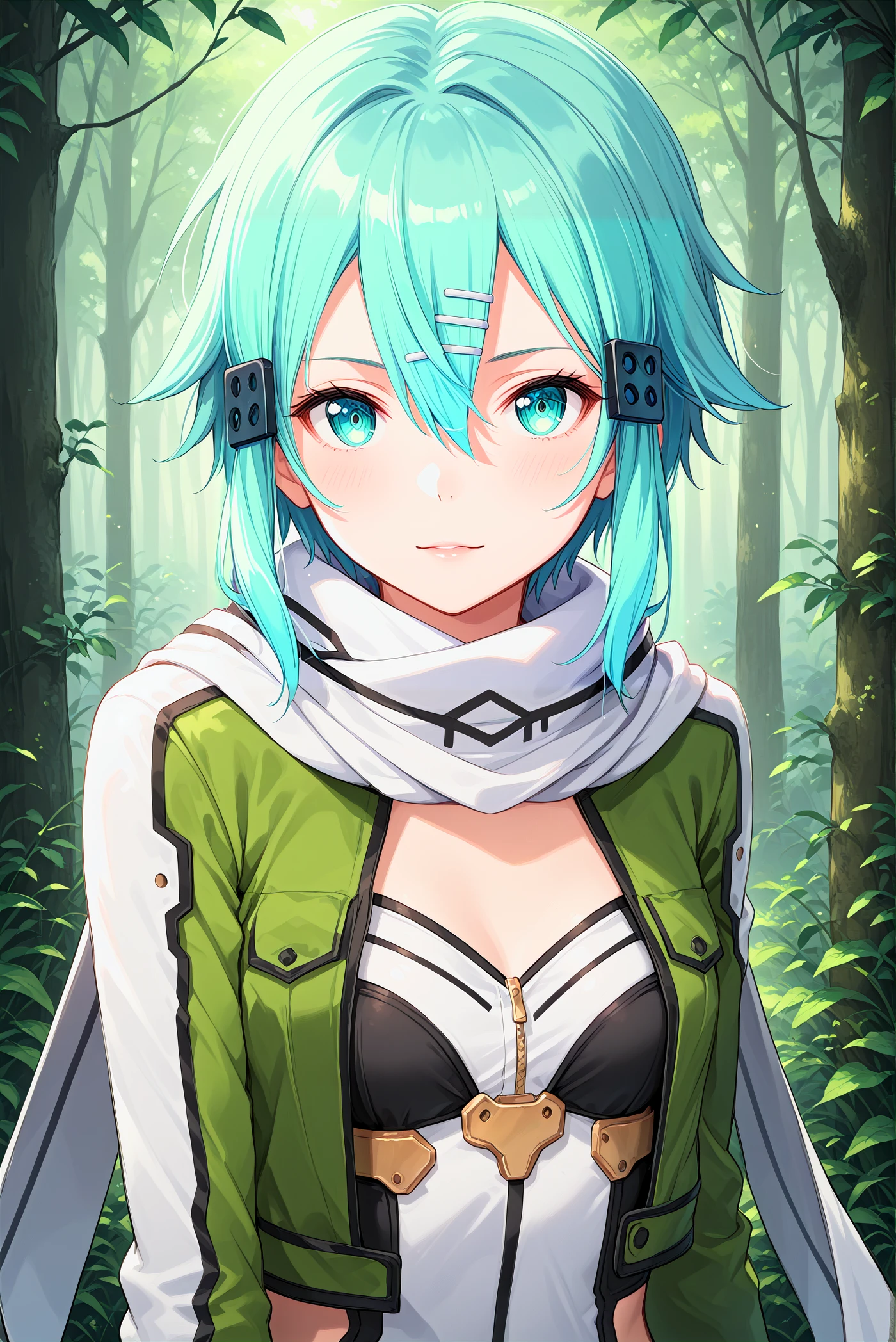score_9, score_8_up, score_7_up, score_6_up,
<lora:Sinon_Sao:1> 51n0n, 1girl, solo, hair between eyes, hair ornament, hairclip, bangs, aqua eyes, aqua hair, short hair,
fingerless gloves, black shorts, scarf, short shorts, green jacket, long sleeves,
medium breasts, seductive smile, parted lips, eyelashes,
forest background,