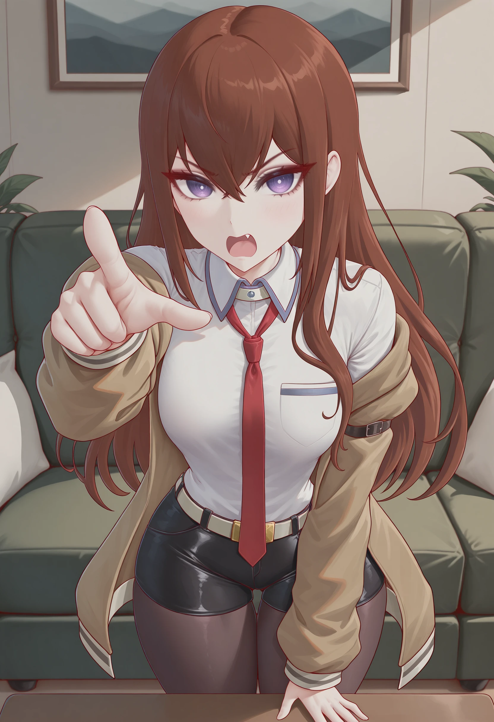 perfect quality, best quality, masterpiece, absolutely eye-catching, mlhilxl, pinup girl pose, portrait, 1girl, standing, fang, looking at viewer, (angry, yelling:1.1), leaning forward, pointing at viewer, (makise kurisu:1.1), brown jacket, off shoulder, white shirt, red necktie, black shorts, pantyhose, legwear under shorts, white belt, green couch, coffee table, (steins gate:1.1), (steins;gate:1.2),