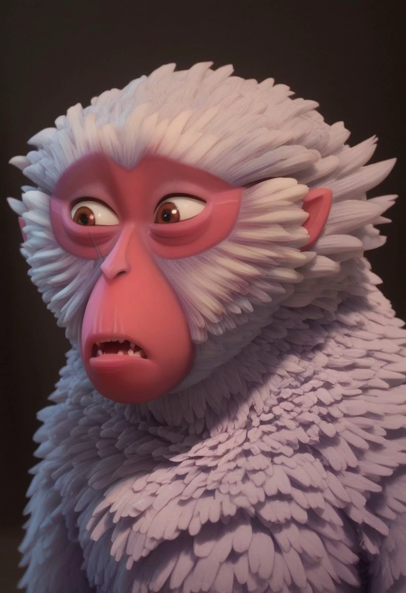 1girl, furry, female japanese macaque, ape, primate girl, anthro, white fur, dark pink skin, pink ears, brown eyes, grey hands, grey feet, Expressiveh, realistic, 3d, score_8_up, score_7_up, BREAK, 1girl, solo, closeup, looking away, shocked, awkward, mouth closed, wide eyed