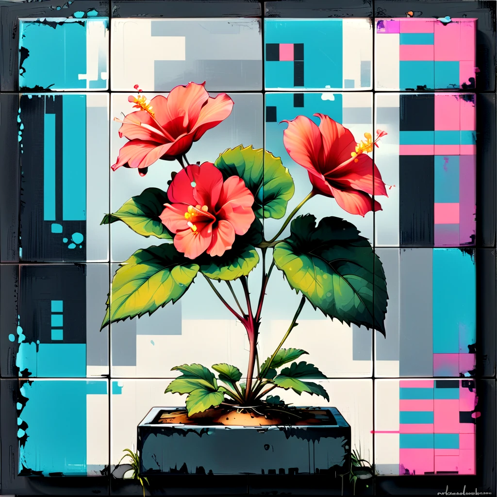 abstract floral print, begonia, randomized forms, resin, canvas, minimalism style, Distant Horizon, neon tones, checkerboard pattern, pixelated effect, airbrush accents, grid-based, raised texture, distressed finish  <lora:artfully_4QUADKAOS:1>,