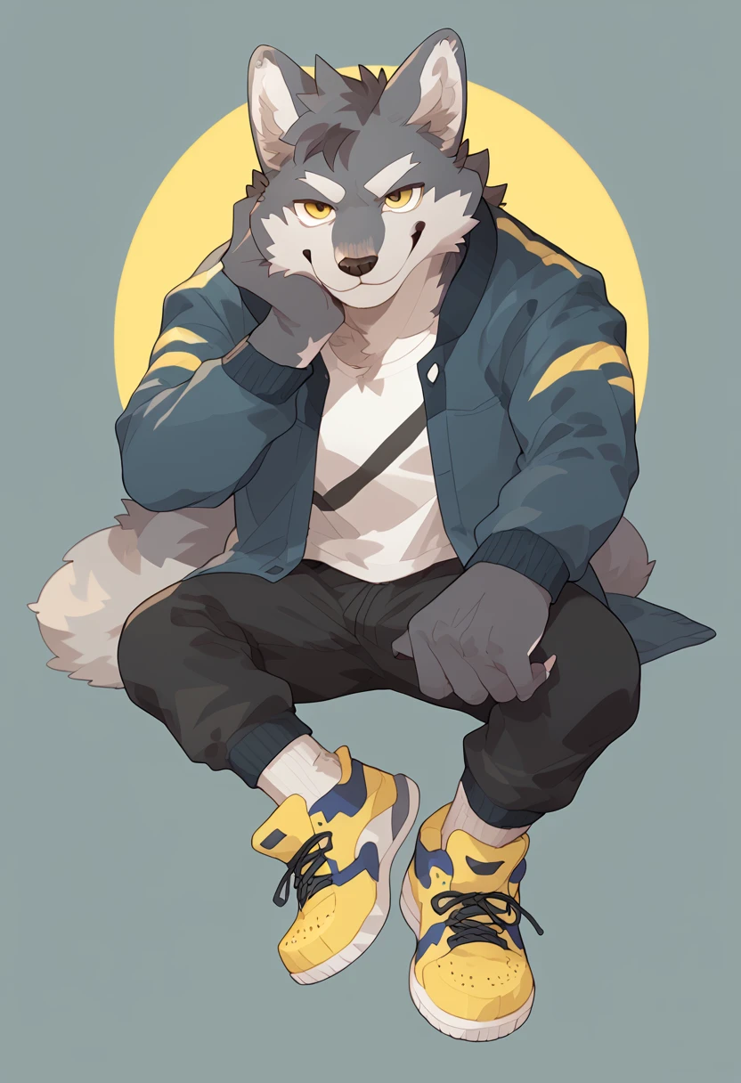 score_9, score_8_up, score_7_up, by yorozumaru, solo, furry, male, wolf, fluffy, buff body, pants, sneakers, yellow eyes, tail, animal ears, full body, smug, looking at viewer, seductive, simple background, <lora:Yorozumaru_style:1>