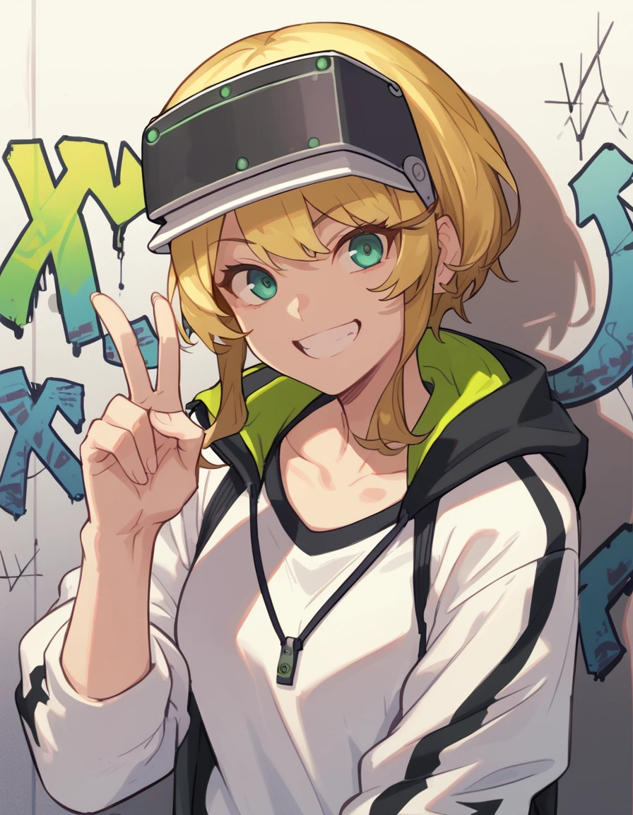 score_9, score_8_up, score_7_up, <lora:lyudmila-v5-ponyxl-000055:1> lyudmila, head-mounted display, streetwear,
1girl, solo, graffiti, shadow, v, smile