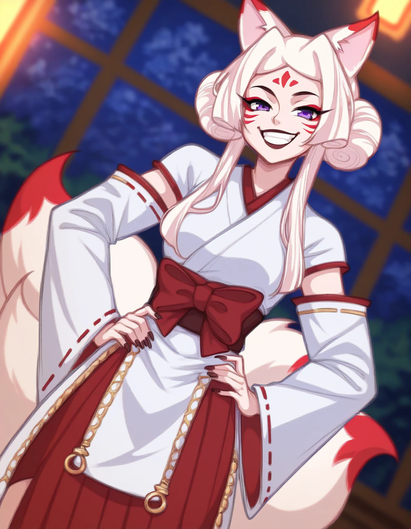 score_9, score_8_up, score_7_up, score_6_up, score_5_up, score_4_up, source_anime
High_Priestess_Kumiko, white hair, animal ears, red makeup, fox tails, white kimono, purple eyes, brown lipstick,  indoors, smug, smile, looking at viewer, solo, hands on hips,, cowboy shot, dutch angle
<lora:High_Priestess_Kumiko_XL:0.9>