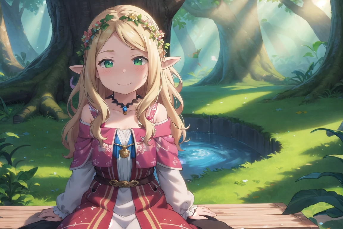 (masterpiece, best quality:1.3), beautiful,  anime visual,  2d,  hyperdetailed, 1girl, beautiful,  long hair, bangs, blonde hair, nature, scenery, light smile, sitting, tree, house, floral print, floral crown, flower, (bloom, shiny), flower girl, looking at viewer, smile, laughing, floating hair, falling leaves, fantasy, elf, wavy hair, green eyes, 1girl,   game character concept,  jrpg,  800mm lens,  off shoulder, cloak, half updo, sharp focus, dress, depth of field,  volumetric lighting,  (stylish),  purple eyes,  (pinup:0.5),  multicolored theme,  forest, upper body, portrait,  volumetric lighting,  <lora:hakumiko-09:0.8>, (extremely detailed background:1.4)