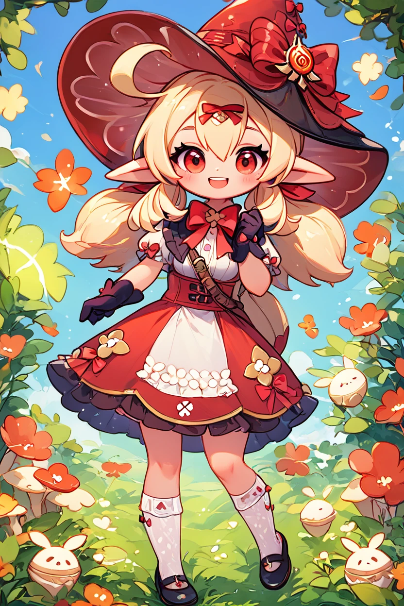 score_9, score_8_up, score_8, medium breasts, (curvy), cute, eyelashes,       ,,, , ,,, zzKlee, hair between eyes, red eyes, ahoge, blonde hair, long hair, low twintails, pointy ears, twintails, witch hat, bow, gloves, short sleeves, black gloves, alternate costume, sidelocks, hat bow,  <lora:KleeBlossomingStarlight_Genshin_PDXL:1.0>,  ,,,, BREAK, socks, big shoes, ,,, smile, looking at viewer, cowboy shot, ,,, embedding:zPDXL, Expressiveh, ,,, <lora:CuteToonPDXL:0.8>, <lora:SDXLFaeTastic2400:0.5>, <lora:Expressive_H-000001:0.4>,