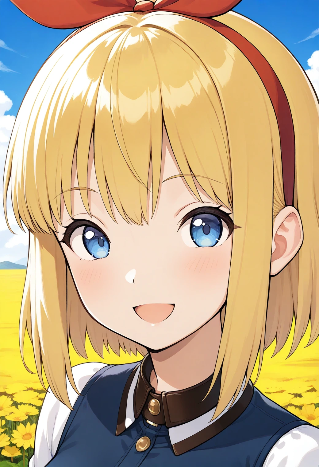 1girl, solo, (field:1.2), (blue sky:1.2), smile, 
phoebe_oakley, blue eyes, blonde hair, short hair, red hairband, red bow, white shirt, blue dress, long sleeves, belt, <lora:phoebe_oakley_illustrious_ver1:0.8>, masterpiece, best quality, general,, (upper body:1.2), (close-up:1.2), (facing viewer:1.2), (open eyes:1.4), (portrait:1.2)