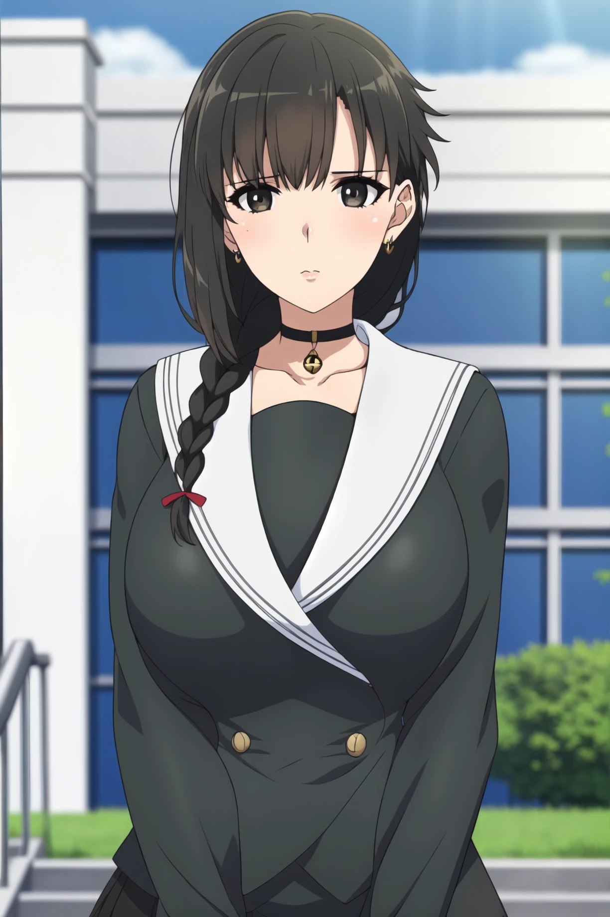 school, sky, outdoors,
dynamic pose,
black shirt, school uniform, sailor collar, long sleeves, black legwear,
<lora:Yuki_MsServant_EP04-KK77-V1:0.7>, Yuki_MsServant_EP04,Choker, earrings,jewelry,neck bell,
brown eyes, black hair,bangs,Long hair, red lipstick, single braid, hair ornament,
<lora:more_details:0.1>,<lora:NovelAI_YesMix5_KKStyle-KK77-Yes5-V1:0.3>,<lora:Oda_Non_Style2-KK77-Yes5-V1:0.3>,
1 girl, 20yo,Young female,Beautiful long legs,Beautiful body,
Beautiful Nose,Beautiful character design, perfect eyes, perfect face,expressive eyes,perfect balance,
looking at viewer,(Focus on her face),closed mouth, (innocent_big_eyes:1.0),expressionless, 
official art,extremely detailed CG unity 8k wallpaper, perfect lighting,Colorful, Bright_Front_face_Lighting,White skin,
(masterpiece:1.0),(best_quality:1.0), ultra high res,4K,ultra-detailed,
photography, 8K, HDR, highres, absurdres:1.2, Kodak portra 400, film grain, blurry background, bokeh:1.2, lens flare, (vibrant_color:1.2),professional photograph,
(Beautiful,large_Breasts:1.4), (beautiful_face:1.5),(narrow_waist),