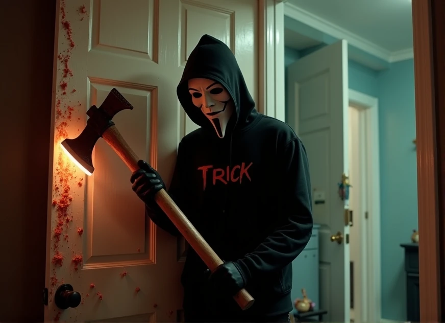 a guy wearing a pale white mask holding a fire axe, the door is chopped and destroyed.
"TRICK"
<lora:Trick_or_Treat_v2-000001:0.5>