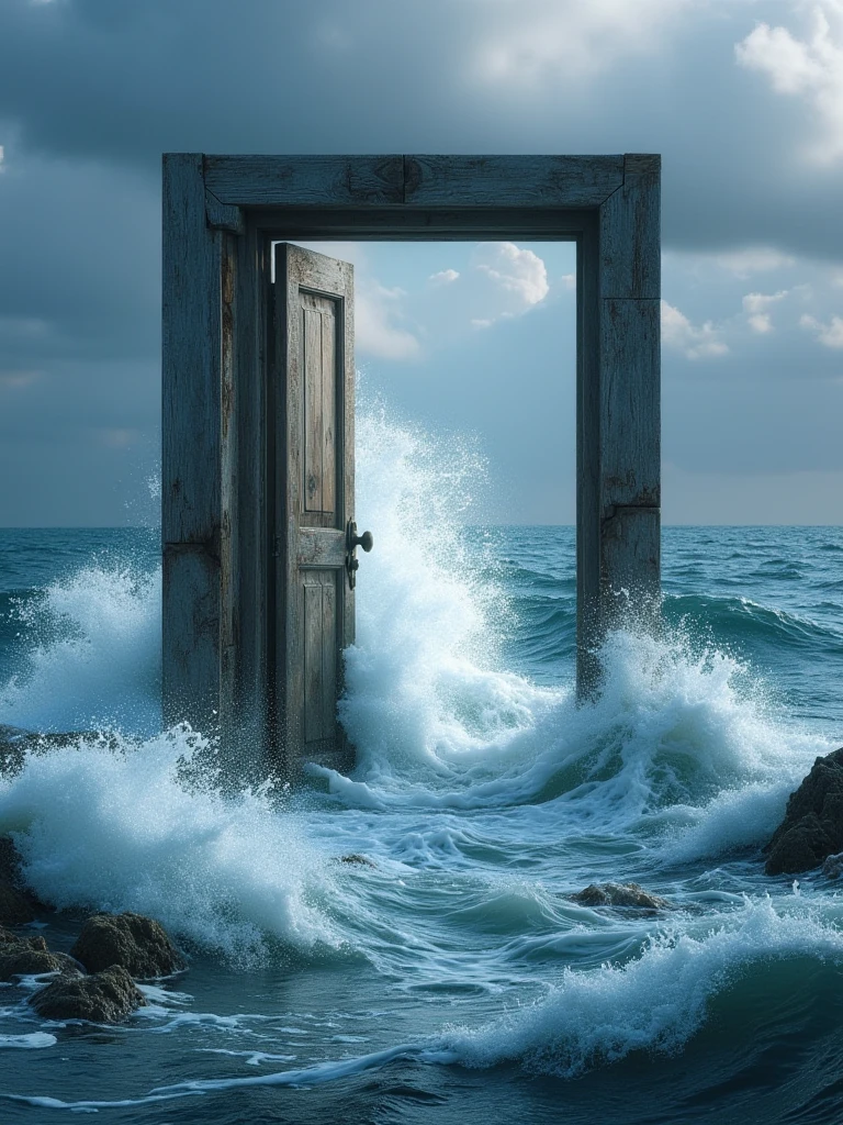 a door in choppy ocean,leading to market