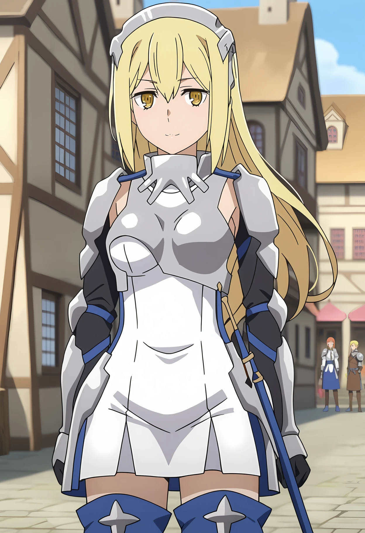 score_7_up, anime screencap,
<lora:DanMachi_AizWallensteinXL:0.9>,
1girl, solo, closed mouth, light smile,
long hair, blonde hair, hair between eyes, yellow eyes,
AisArmor, headgear, breastplate, white dress, short dress, shoulder pads, elbow pads, vambraces, faulds, black gloves,
thigh boots, blue footwear,
thigh gap, zettai ryouiki, standing, looking at viewer,
town, medieval, blurry background