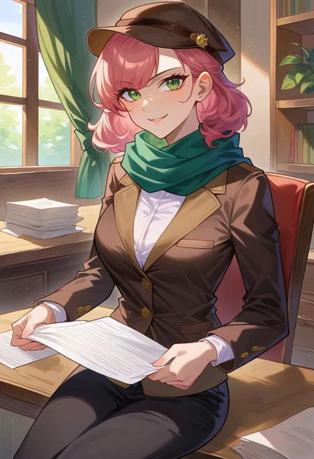 Masterpiece, High quality, OC, Female Adult woman, solo, 1girl, Detective woman, Short pink hair, Green eyes, Long Brown detective coat, brown Detective deerstalker hat, green scarf, black pants, serious face expression, soft smile, looking at viewer, Sitting on wooden chair, Dark office background, Holding new paper