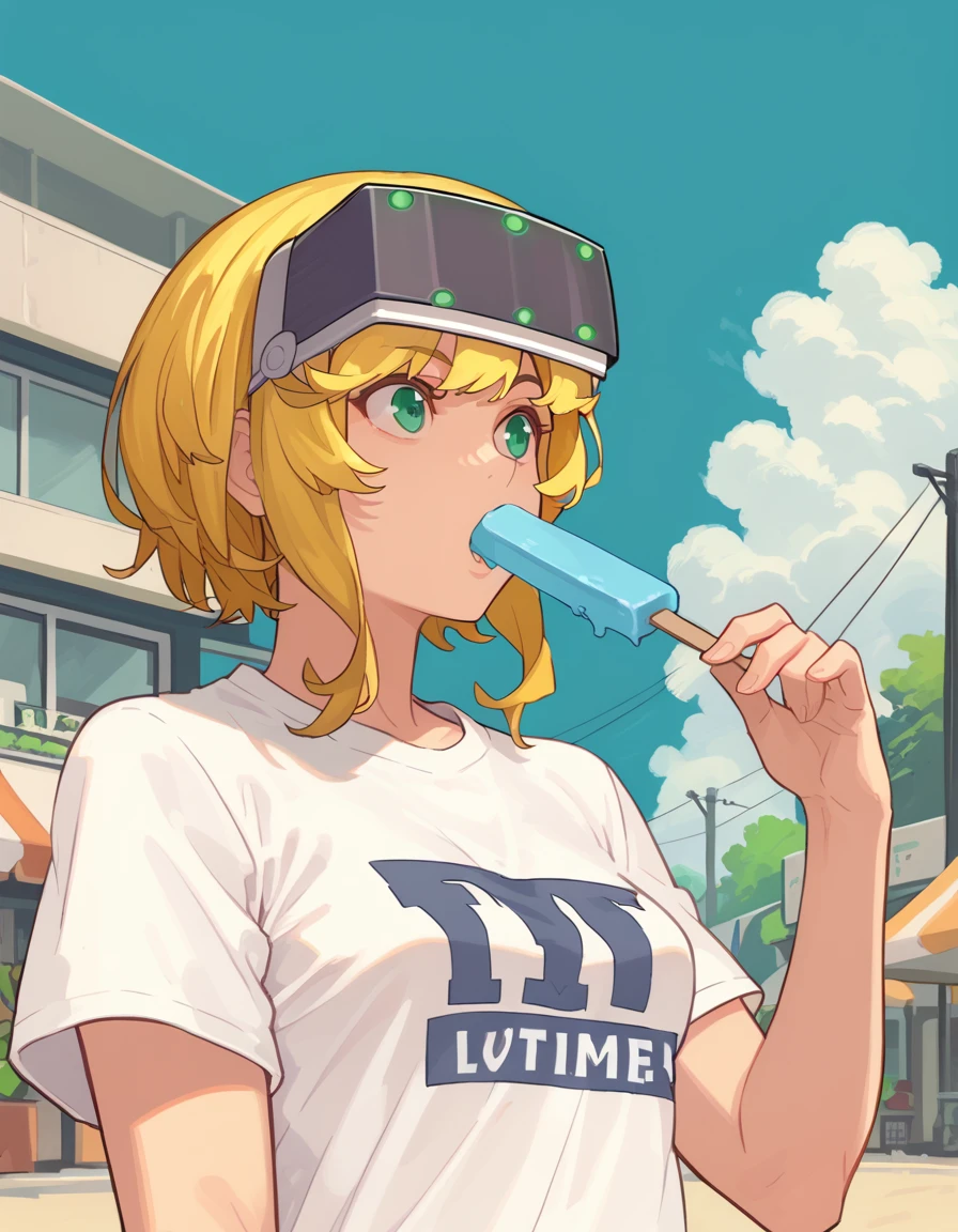 score_9, score_8_up, score_7_up, <lora:lyudmila-v5-ponyxl-000055:1> lyudmila, head-mounted display, t-shirt,
1girl, solo, summer, wind chime, storefront, popsicle