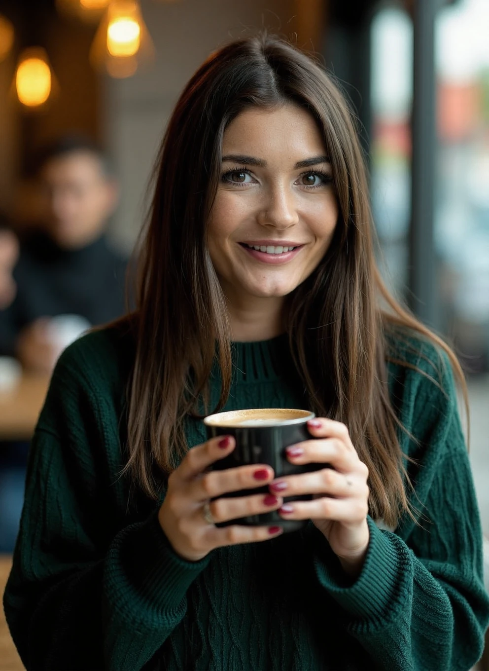 A professional photograph of a young woman, Ind1a_Reynolds, wearing a dark green cable-knit sweater, holding a latte in a cafe, detailed skin, bokeh, SFW <lora:India_Reynolds-000018:1>