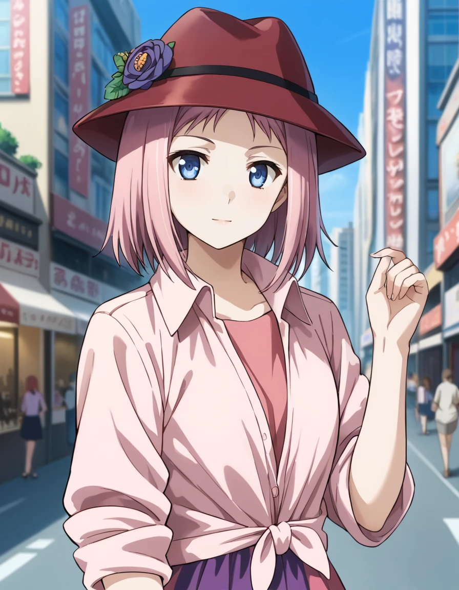 score_9, score_8_up, score_7_up, source_anime, BREAK
1girl, solo, looking at viewer, blurry background, upper body, outdoors, scenery, city, crowd, buildings, blue sky, 
kazumi schlierenzauer, pink hair, short hair, blue eyes,
date outfit, hat, hat flower, pink collared shirt, tied shirt, rolled sleeves, pink dress, striped dress, wide dress, leggings
random pose,
<lora:kazumi_schlierenzauer_anime-soralz:1>