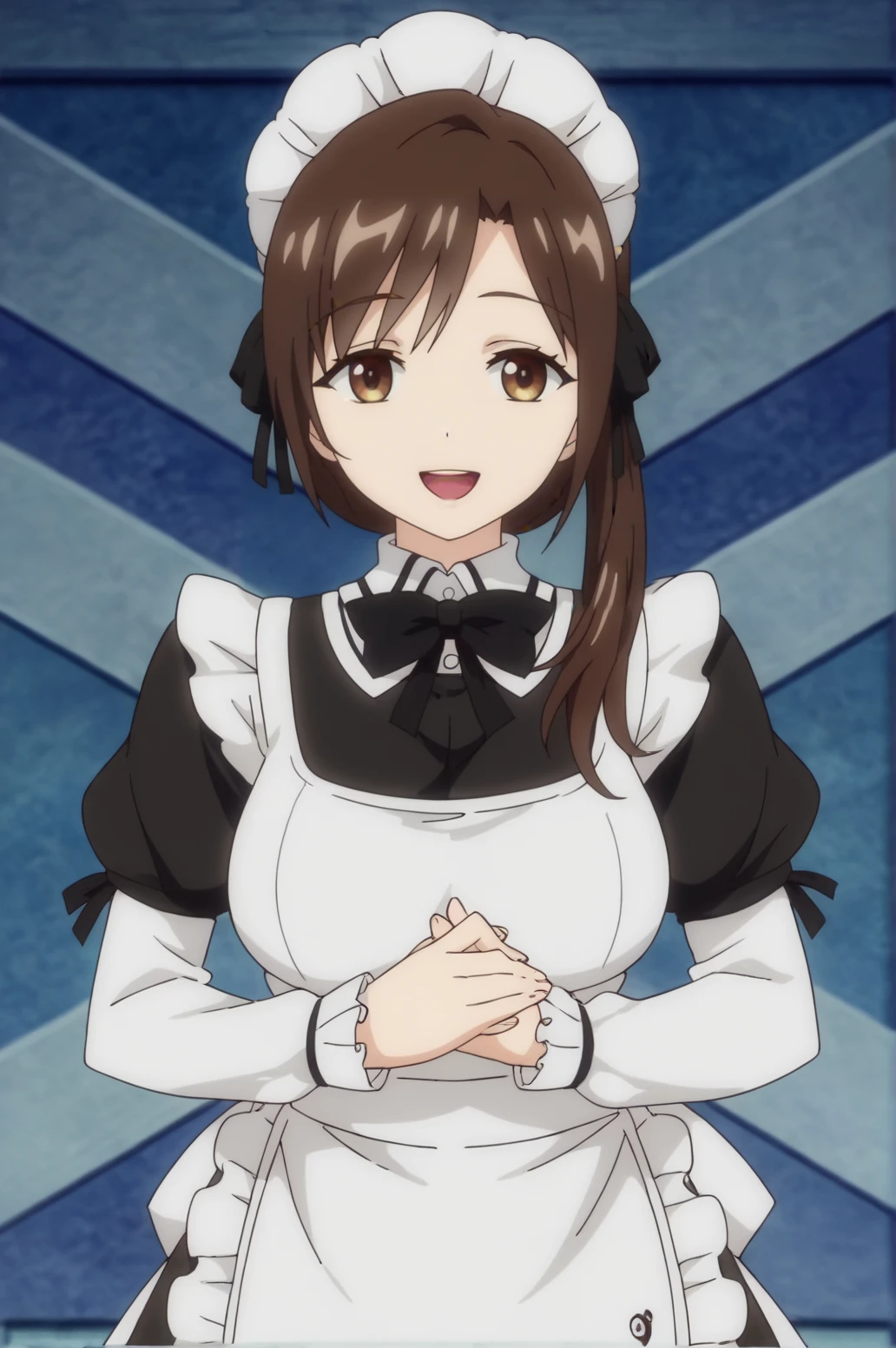 score_9, score_8_up, score_7_up,anime_source, source_anime, best background, detailed background, anime screencap, Diana, Diana, apron, maid, open mouth, own hands together, smile, solo solo, victory finger, victory pose, <lora:JN_Diana:0.8>