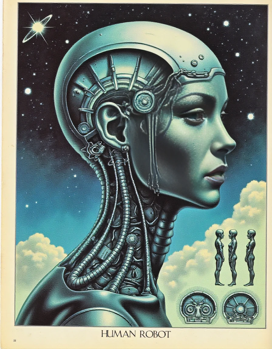 Diagram, with the caption "HUMAN ROBOT". 
futuristic humanoid figure with a metallic, robotic appearance, similar to a cyborg, with a female face. The figure has intricate mechanical components, like gears and wires, embedded into the face and neck. The skin has a shiny, reflective surface with a blueish metallic hue, and the background is a starry night sky with distant planets visible. The expression is serious and intense, with deep shadows adding a dramatic effect to the overall composition. THere are diagrams to the side showing cross sections of an android body
<lora:AfterMan-flux-v1:1>