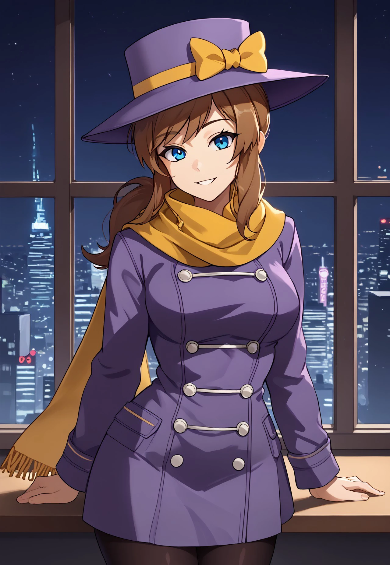 safe_pos, 1girl, solo, solo focus, highres, absurdres, HatAdult, brown hair, blue eyes, long hair, ponytail, bangs, sidelocks, long hair, purple headwear, yellow bow, hat bow,

purple coat, coat dress, yellow scarf, long sleeves, breasts, black pantyhose,

looking at viewer, head tilt, smile,
 
window, cityscape, neon lights, night, night sky, dark, backlighting, silhouette,