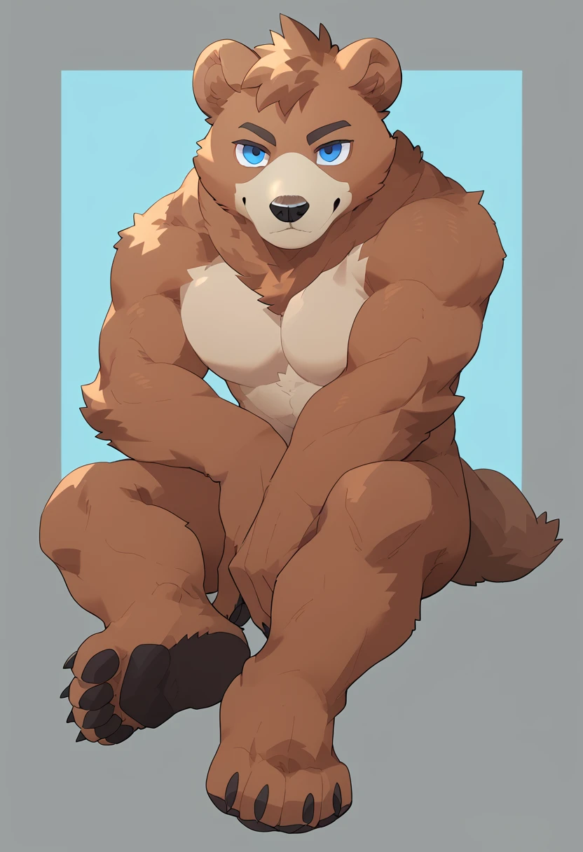 score_9, score_8_up, score_7_up, by yorozumaru, solo, furry, male, bear, fluffy, buff body, naked, blue eyes, tail, animal ears, full body, sitting, looking at viewer, seductive, simple background, <lora:Yorozumaru_style:1>