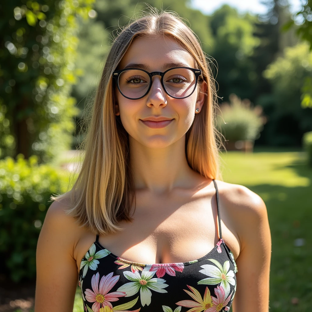 hfsuzy, glasses, Very beautiful blonde woman, suntanned, raw photo, in the garden, medium format