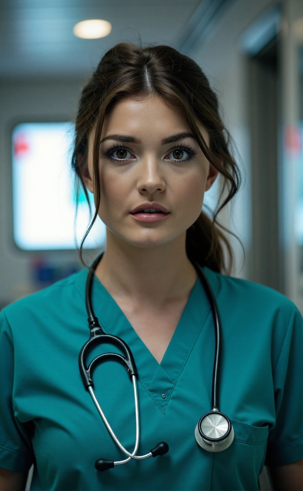 An exciting professional photograph of a young woman, Ind1a_Reynolds, working as a nurse in a hospital in a stressful situation, bokeh, detailed skin, SFW <lora:India_Reynolds-000018:1>