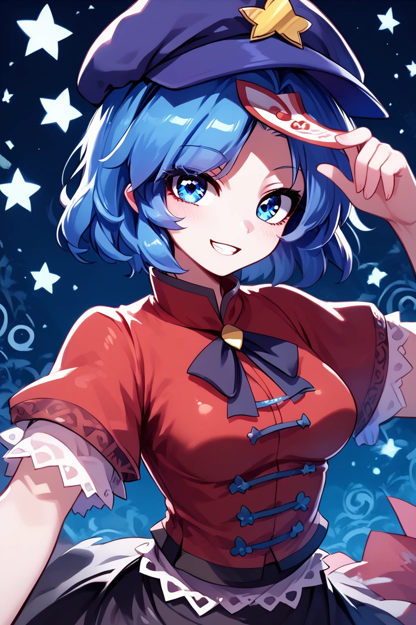 score_9, score_8_up, score_8, medium breasts, (curvy), cute, eyelashes,       ,,, , ,,, zzMiyako, blue eyes, blue hair, short hair, jiangshi, pale skin,  hat ornament, ofuda, star hat ornament, zombie pose, outstretched arms, black skirt, shirt <lora:MiyakoYoshika_Touhou_PDXL:1.0>,     ,,,, BREAK, ,,, upper body, smile, looking at viewer, ,,, shiny skin, <lora:ProAnime_PDXL_v1:0.8>, night, soft shadows, moonlight reflecting off skin, whisper of wind, ,,, embedding:zPDXL, Expressiveh, <lora:SDXLFaeTastic2400:0.5>, <lora:Expressive_H-000001:0.4>,