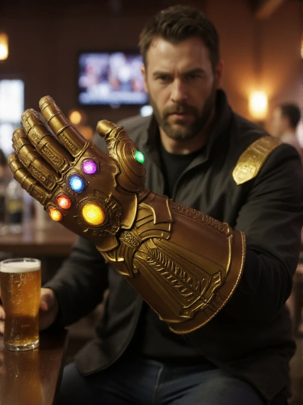 a man in a pub holds a beer using the Infinity Gauntlet.   <lora:Infinty_Gauntlet:0.9>