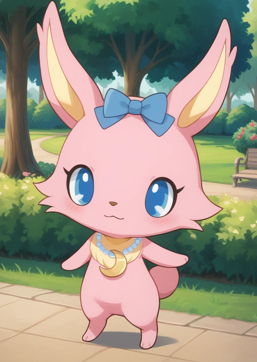 score_9, score_8_up, score_7_up, score_6_up, score_5_up, BREAK
Lun4, anthro, female, Jewelpet, solo, blue eyes, bow, jewelry, standing, full body, hair bow, necklace, gradient, no humans, park, crescent, :<, pink fur