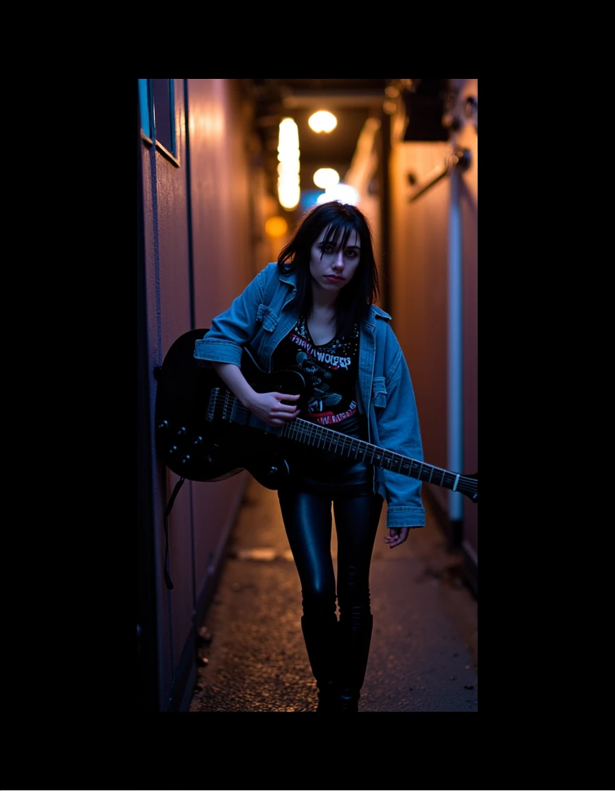 cinematic, cinematic lighting,.ultra realistic, ultra defined textures and colors, shot in the style of Sony Alpha A7 III, a candid of a woman, <lora:pjharvey:1> pharvey, pjhy, pjharv,  looking at the viewer,  a beautiful woman In a dimly lit alley after rain, sheâs dressed in a distressed, oversized denim jacket with a dark graphic tee and combat boots, embodying a raw, alternative aesthetic. She stands with one foot against the wall,  and head tilted slightly to the side. She's holding a black acoustic guitar, scenery colors: orange, brown, gold, yellow, A 50mm lens captures the neon reflections in the puddles around her, while deep blue and magenta gels illuminate her from opposite sides. Raindrops on her jacket and skin enhance the sceneâs gritty texture, with a soft spotlight on her face for added contrast, detailed skin texture, (blush:0.5), (goosebumps:0.5), subsurface scattering, Photorealistic, Hyperrealistic, Hyperdetailed, analog style, soft lighting, subsurface scattering, realistic, heavy shadow, masterpiece, best quality, ultra realistic, 8k, golden ratio, Intricate, High Detail, film photography, soft focus