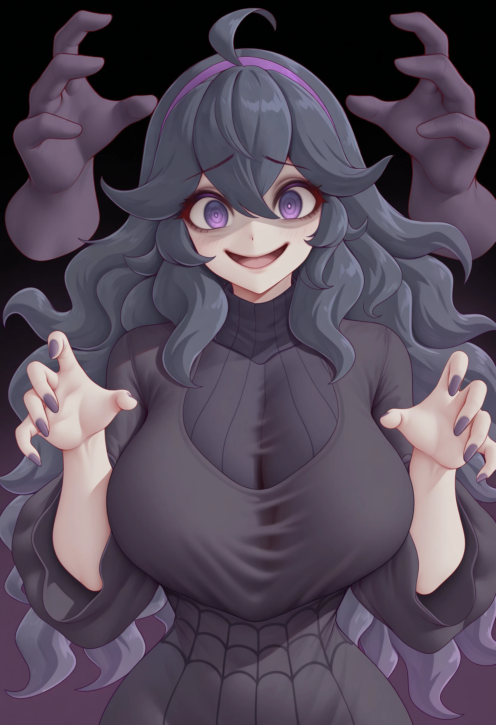 perfect quality, best quality, masterpiece, absolutely eye-catching, mlhilxl, 1girl, upper body, purple hair, purple eyes, long hair, ahoge, breasts, black dress, hex maniac \(pokemon\), creepy hands,