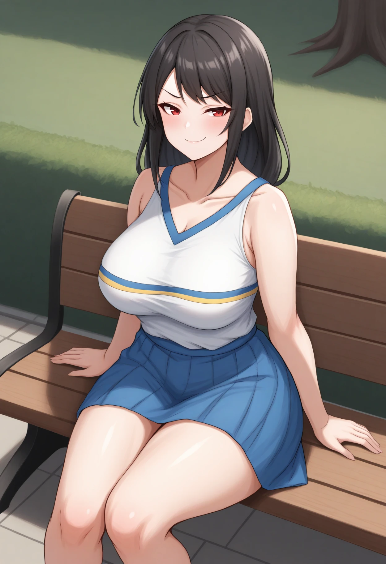 masterpiece, best quality, 1girl, solo, black hair, long hair, red eyes, thick thighs, mature female, HaruCheerUniform, sleeveless shirt, white shirt, collarbone, double horizontal stripe, blue skirt, outdoors, park, smug, sitting, on bench, <lora:ChamHaruhiCheerIllustriousXL:1>