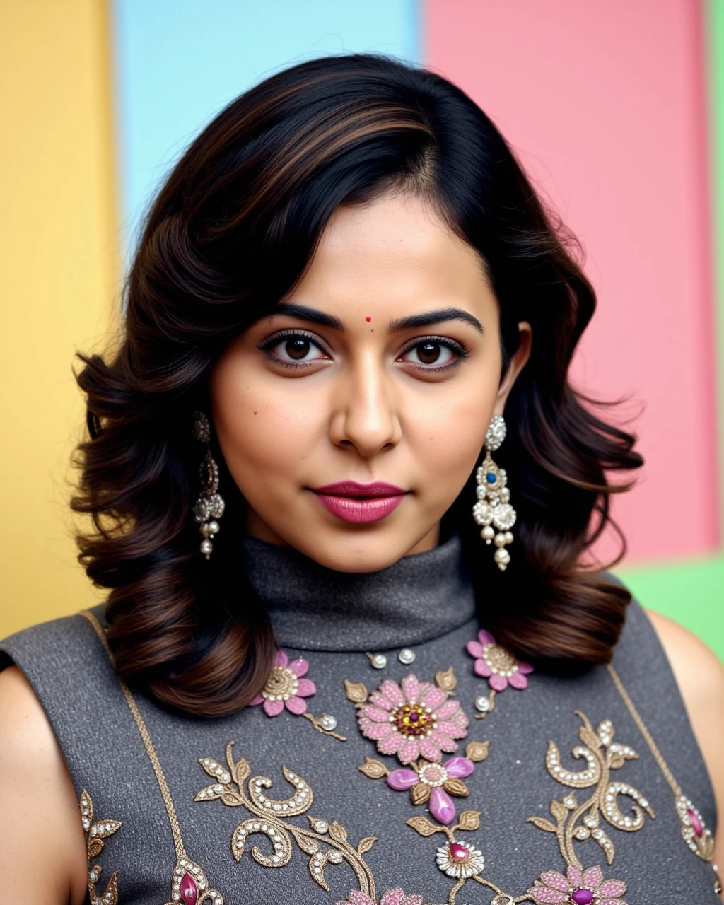 headshot photo of Rakul Preet Singh woman,candid photo with natural colors, pouting expression on face,studio quality, wearing intricate elegant conservative turtleneck Charcoal Kashmiri Pashmina Suit, curls, pastel shaded multicolored background, cinematic soft lighting<lora:TestBed\Rakul_Preet_Singh_Kohya_V1-000007.safetensors:1.0:1.0>