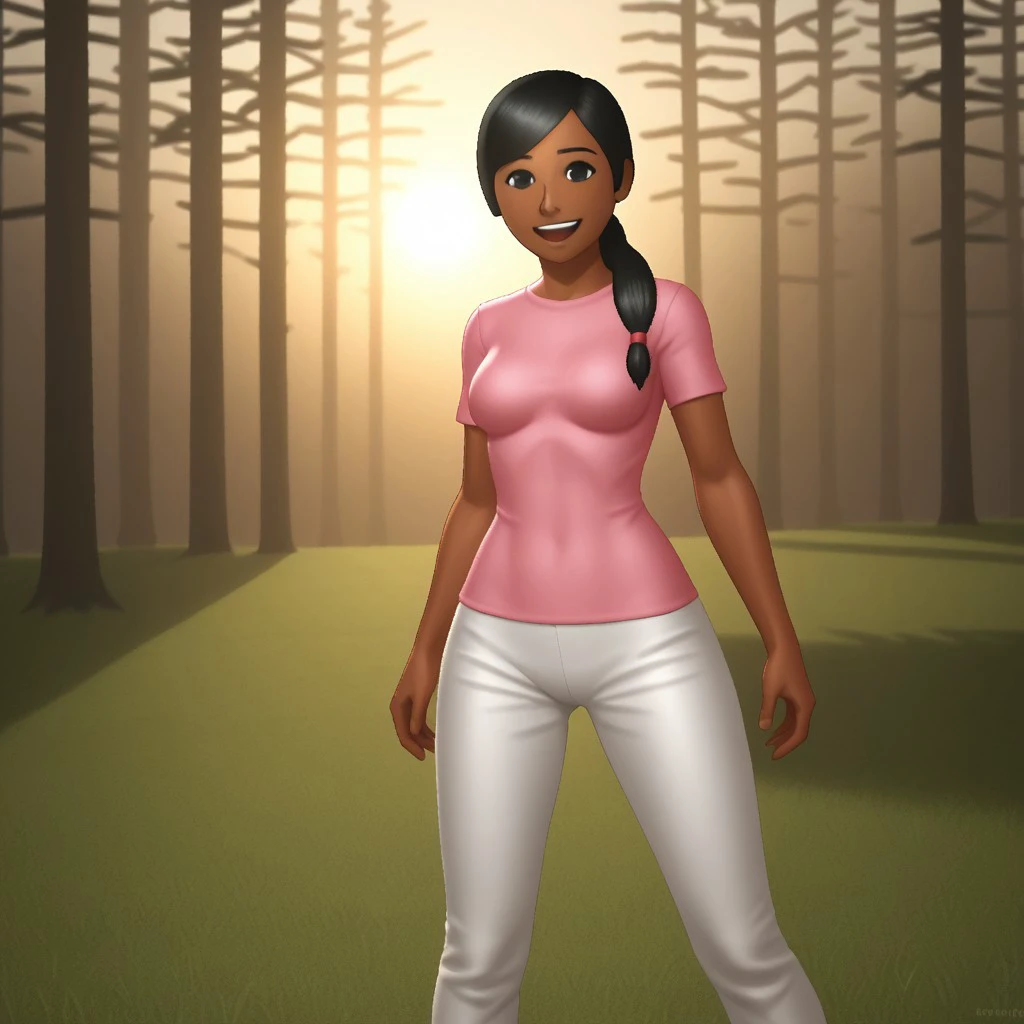 ((masterpiece, best quality)),(complex lighting) , solo ,1girl, upper body, donna tubs, dark skin, <lora:DonnaTubbs1-10:0.8>,short hair, white shirt,blue pants, black eyes, walking, forest,