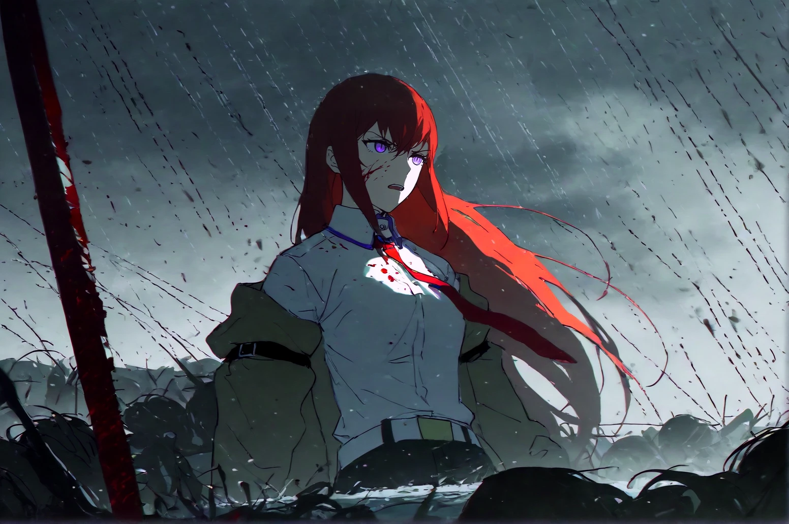 void 0, rella, john kafka, z3zz4, rei \(sanbonzakura\), makise kurisu, main outfit,  tsundere, angry, frown, angry, screaming, open mouth, shouting, slit pupils, armor ,holding sword,multiple scars,scar across eye,scar on face,blood on face, blood on weapon, blood splatter, incoming attack, spiky armor, looking ahead, grasslands, battlefield, smoke, pile of corpses, raining, water, cloudy sky, embers, night, multiple soldier, fighting,, masterpiece, best quality, amazing quality, very aesthetic, absurdres, best quality, newest, gothic,  <lora:JN_Makise_Kurisu_IL:0.8>