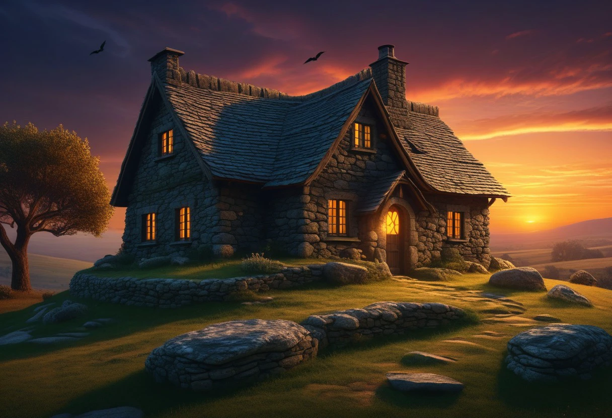 a stone house in a realistic style, blending into the environment, dug into the ground on a rock, in the foreground an evil wizard dusk,sunset,shadows,a sense of mysticism,bad magic,