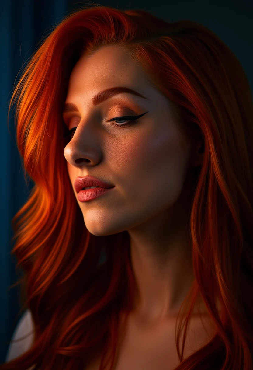 This is a highly detailed photograph portrait of a woman with striking red hair. The image captures her in profile, with her head tilted slightly to the right, showcasing her delicate facial features. Her skin is fair, adorned with a scattering of freckles across her cheeks and nose, giving her a natural, youthful appearance. Her eyes are closed, adding an enigmatic and contemplative mood to the scene. The woman's hair is voluminous, flowing in a mix of straight and wavy strands, and it catches the light in a mesmerizing way, appearing almost ethereal with a fiery red glow that blends seamlessly with the background.

The background is a deep, dark blue that contrasts vividly with the bright, fiery red of her hair, creating a dramatic and intense atmosphere. The lighting is soft but highlights the contours of her face and hair, adding depth and dimension to the image. The overall style of the image is highly realistic, with meticulous attention to detail in the textures of her skin, hair, and the play of light and shadow.