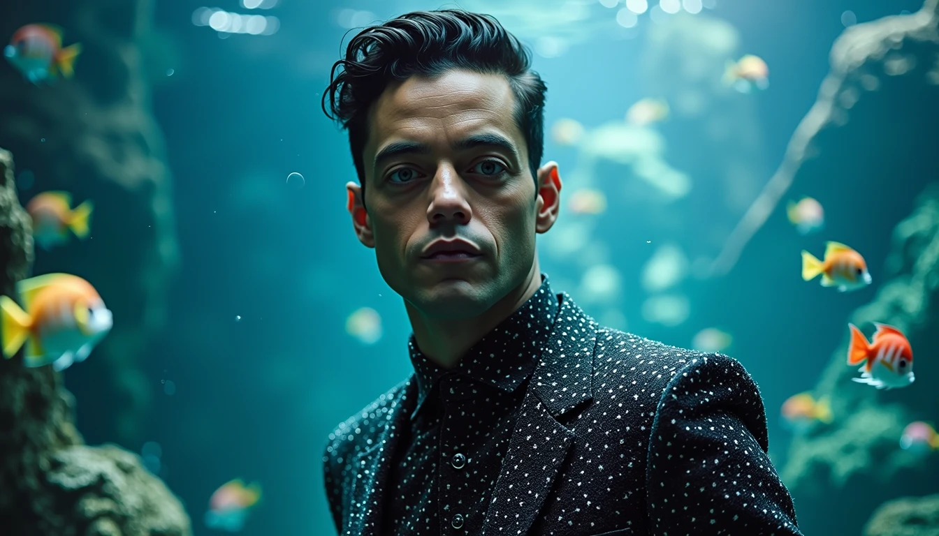 Rami Malek dressed up near his Piranja aquarium