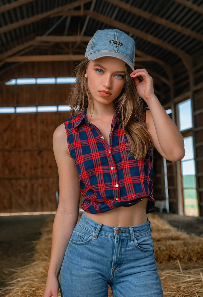 fashion photography, A (upper body focus) photograph of (1girl, 21 years old, slight smile, <lora:ZH_MissBoArblic_v1SDXL:1>, zh_missboabrlic, solo, long hair, realistic, brown hair, looking at viewer, lips, blue eyes) wearing (sleeveless plaid shirt, denim jeans, trucker hat), hair updo, (seductively posing in a barn), head tilt,