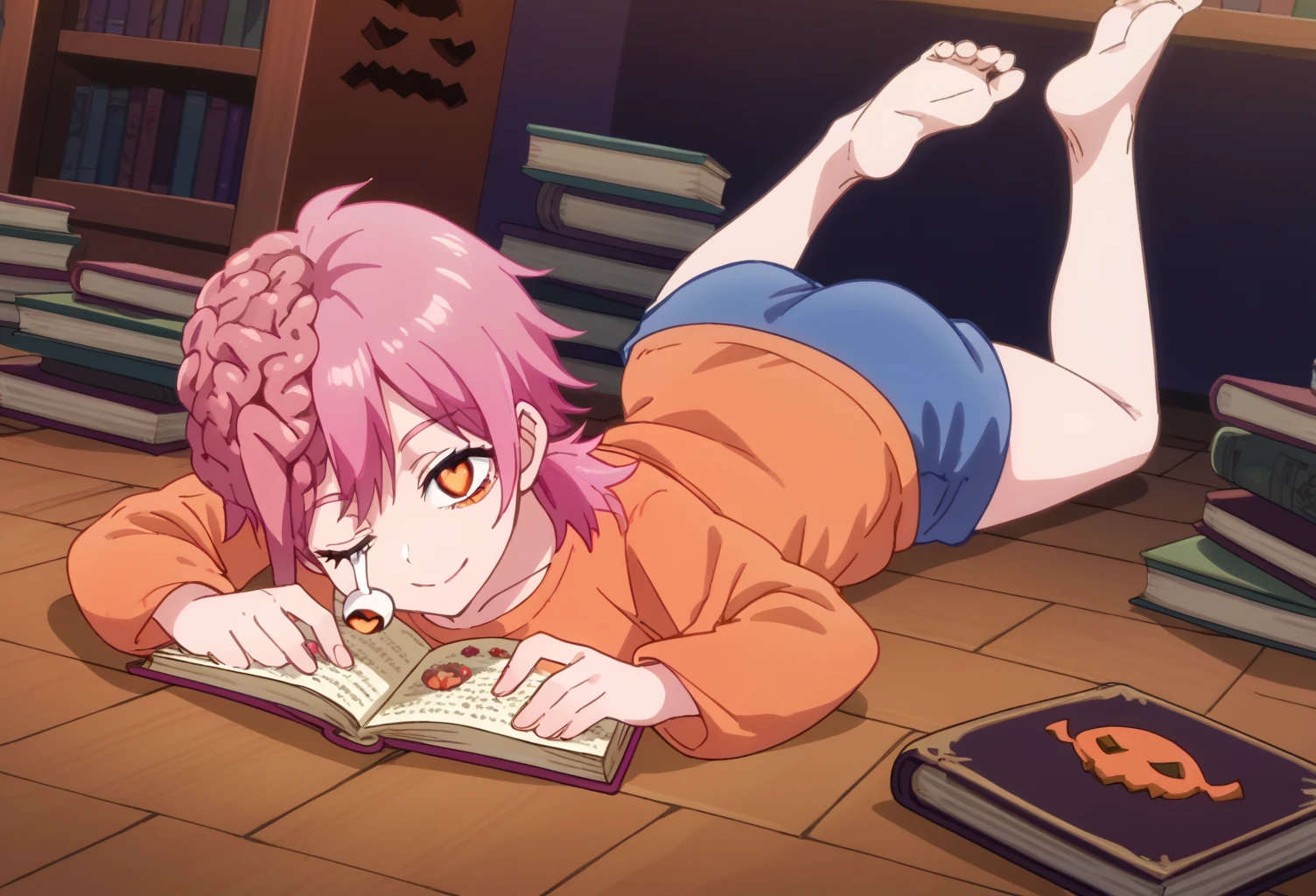 score_9, score_8_up, score_7_up, score_6_up, score_5_up, score_4_up, source_anime, cosmohlwn, (screencap), one eye closed, eyeball, <3 pupils, orange eyes, pink hair, low twintails, short hair, lying on stomach, legs up, orange top, open book, blue shorts, bare feet, halloween theme, sweets on floor, wooden floor, from angle, from side, reading book, books, smile, closed mouth, front view, looking at viewer,  ,