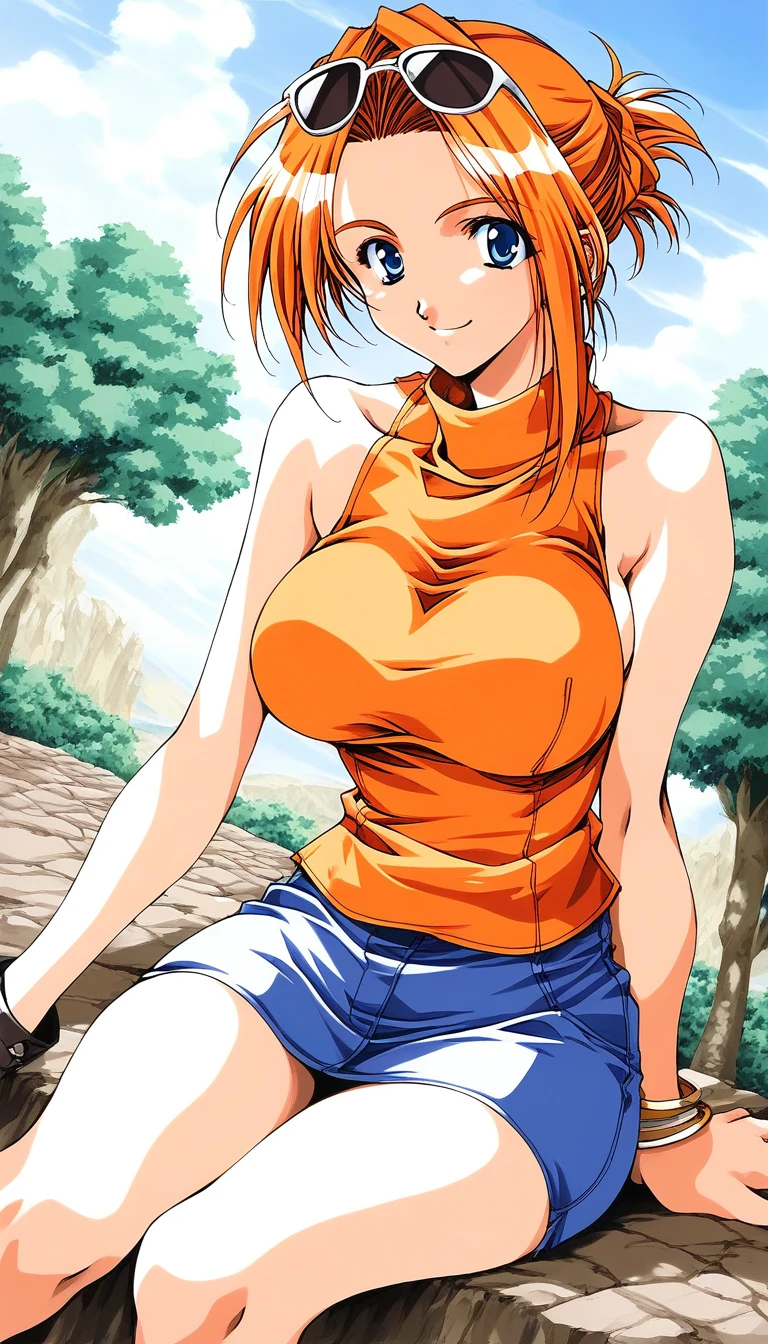 score_9, score_8_up, score_7_up, source_anime, rating_explicit, BREAK <lora:Kanou_Makoto_XL:1>Kanou_Makoto, blue eyes, orange hair, 1990s (style), large breasts,
day, outdoors, sleeveless, jewelry,  bracelet, smile, dutch angle, sunglasses, eyewear on head, tree, solo focus, sky, short hair, shirt, looking at viewer, brown hair, orange shirt, 
1990s (style), sitting, sleeveless shirt, turtleneck, 1girl, bare shoulders,