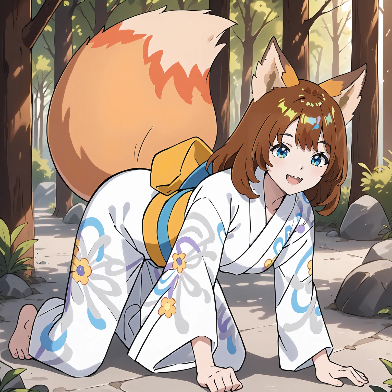 <lora:DG_Dongitsune5XLpony001>,
outdoors,nature,
smile,open mouth,
solo,
Dongitsune5,1girl,brown hair,fox ears,medium hair,blue eyes,
yukata,obi,
fox tail,
all fours,