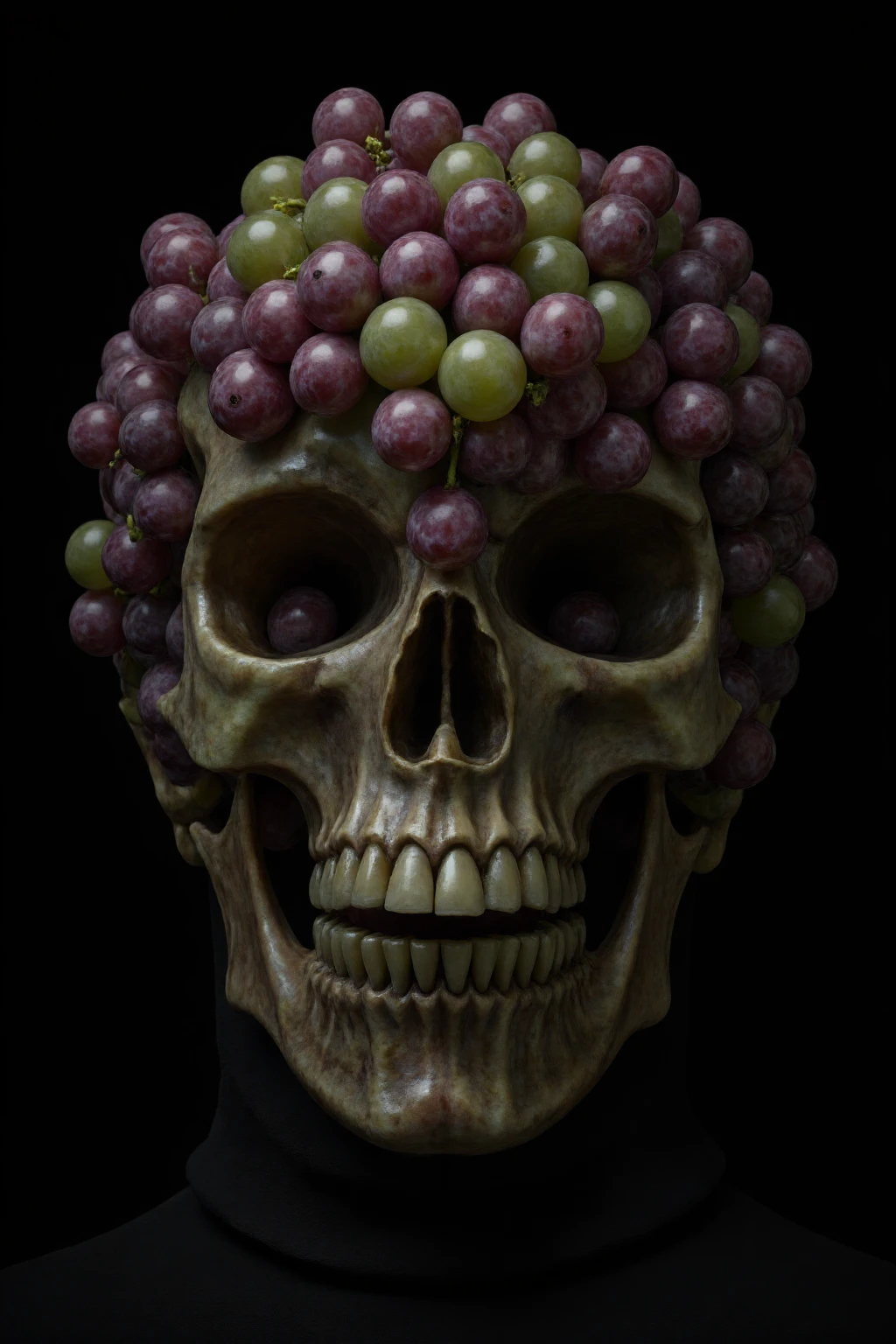 Fruitmix_flx, Photorealistic skull sculpture composed entirely of grapes, with the skull's shape formed by tightly clustered purple and green grapes, creating a natural, organic texture. The eye sockets are hollow, showing grape stems within, and some grapes are partially squashed to add realistic detail. Set on a dark, moody background to enhance the contrast between the eerie skull shape and the vivid, glossy grapes.