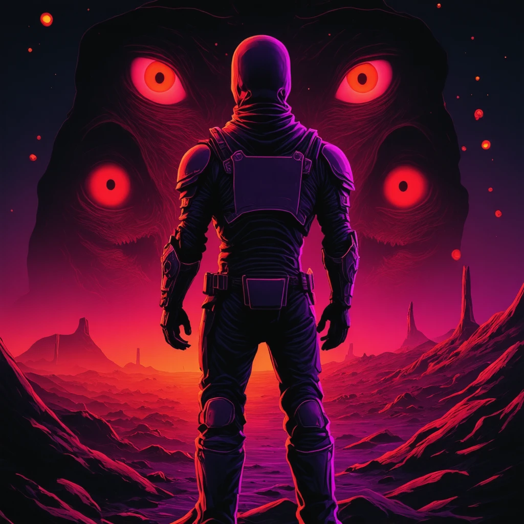 synthwave illustration, A humanoid figure stands in a desolate landscape at dusk or dawn, with large red eyes and an ominous presence looming behind them. The main subject is facing away from the viewer, providing no clear view of their features but showcasing detailed armor including shoulder guards and gauntlets. There are no visible vehicles; instead, the focus is on the character's solitary stance amidst a backdrop filled with eerie skulls and floating eyes.