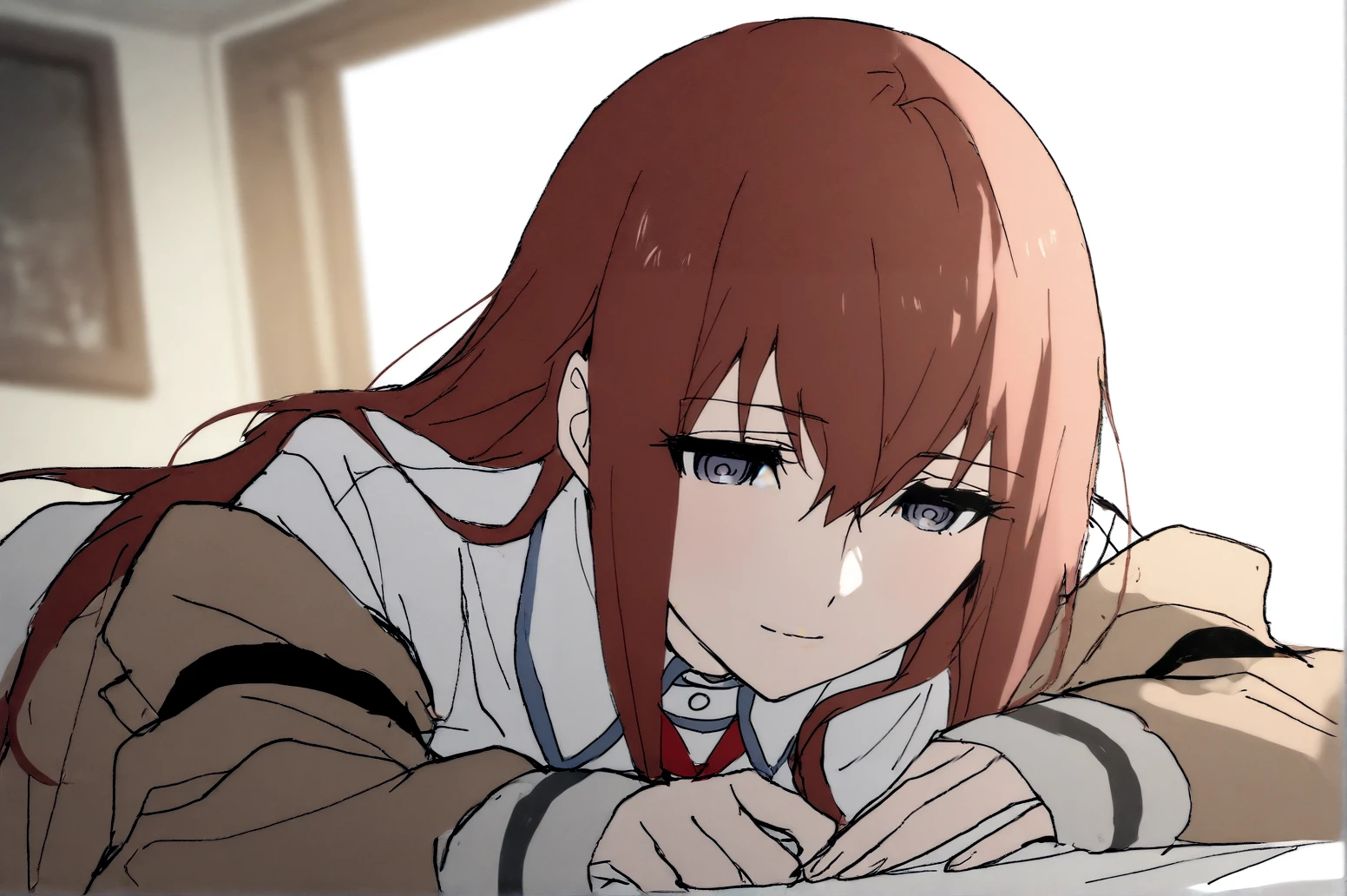 makise kurisu, steins;gate, main outfit, (amaichi esora:0.8), (stu dts:0.7), (remsrar:0.6), (na tarapisu153:0.8), (fuya:0.7), (tempupupu:0.77),  looking at another, looking down, light smile, eyelashes, on bed, closed mouth, masterpiece, best quality, highres, absurdres, full body, lying down,  <lora:JN_Makise_Kurisu_IL:0.8>