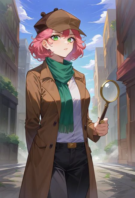 Masterpiece, High quality, OC, Female Adult woman, solo, 1girl, Detective woman, Short pink hair, Green eyes, Long Brown detective coat, brown Detective deerstalker hat, green scarf, black pants, serious face expression, looking through magnifying glass, Bending downward, Brooklyn streets, nighttime, Tall light pols, Fog