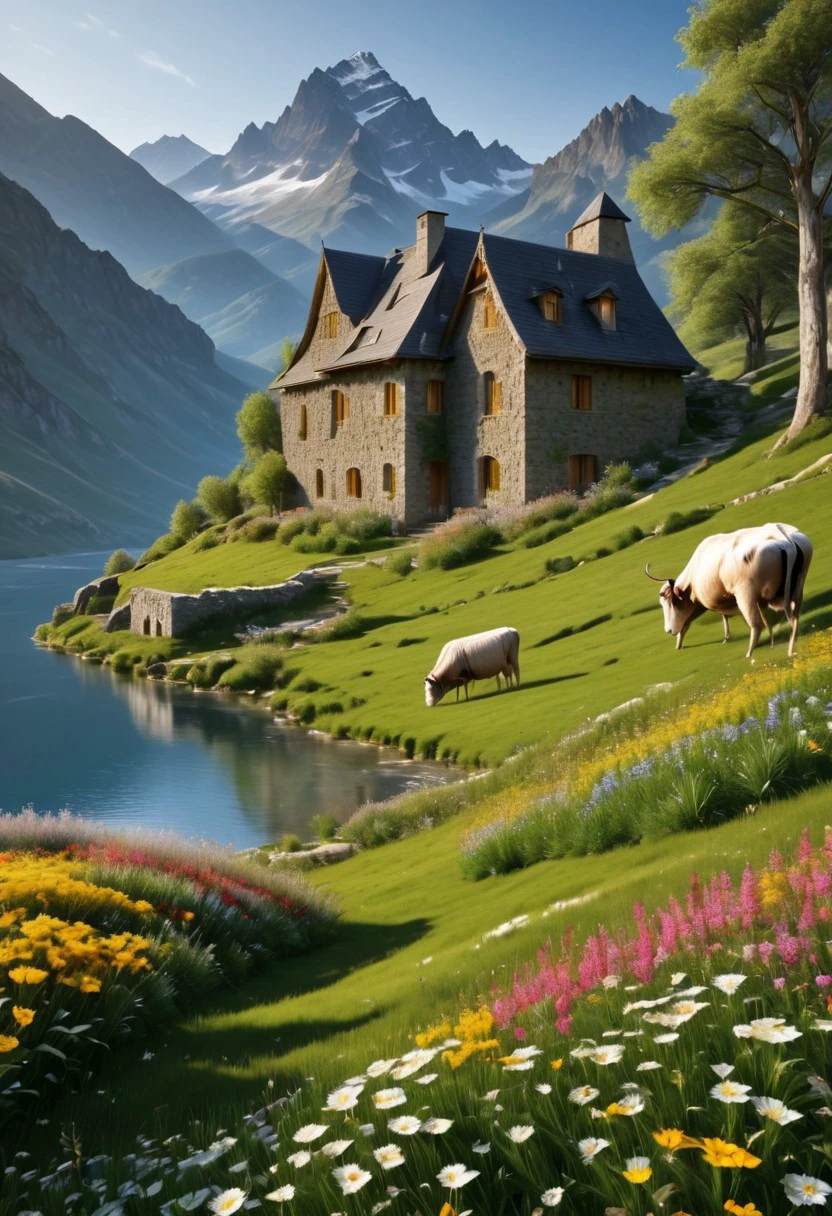 Ultra realism, high quality, high resolution 8K and above, stable and accurate focus, ultra correct anatomy, super detail. A beautiful mountain scene with tall snow-capped peaks reflected in a crystal clear lake. In the foreground are green meadows dotted with wild flowers of various colors. Included in the landscape are houses built of stone and wood, architecturally designed to blend in with nature. The roofs of the houses are covered with thick grass and colorful flowers. Cows roam the meadow, and a flock of sheep, led by shepherd dogs, graze around. The trees around the houses are tall and green, with leaves that cast shadows on the houses. The ruins of an ancient fortress can be seen in the distance, giving the scene historical depth. The sunlight illuminates the landscape, creating a warm and welcoming atmosphere.